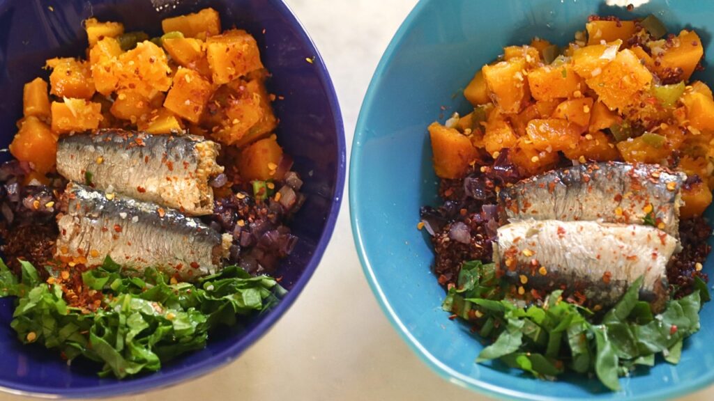 sisterfrennn - quinoa bowls with roasted butternut squash and sardines